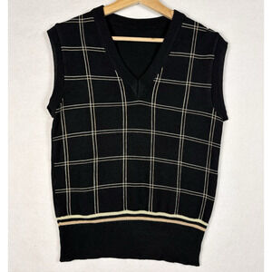 Dark Academia Knit Sweater Vest Plaid V-neck Black Preppy Grandpa Core Womens